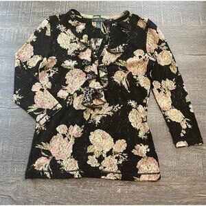 LRL Lauren Jeans CO Black Lace Sheer Floral Top Ruffle Front Size XS Long Sleeve